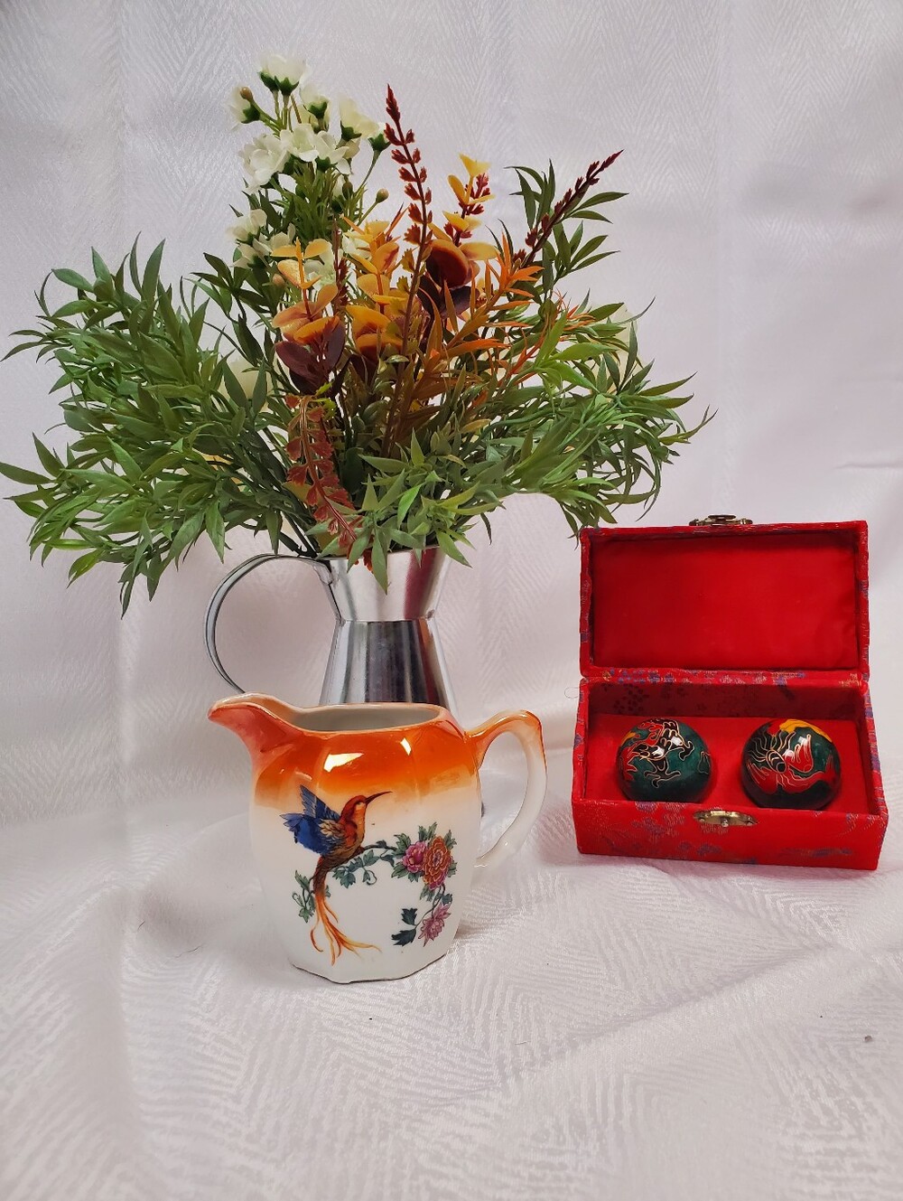 Hand-Painted Ceramic Creamer with Orange Gradient and Bird Motif